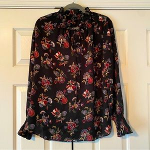 Ann Taylor Black Ruffle Long Sleeve Floral Print Blouse, M